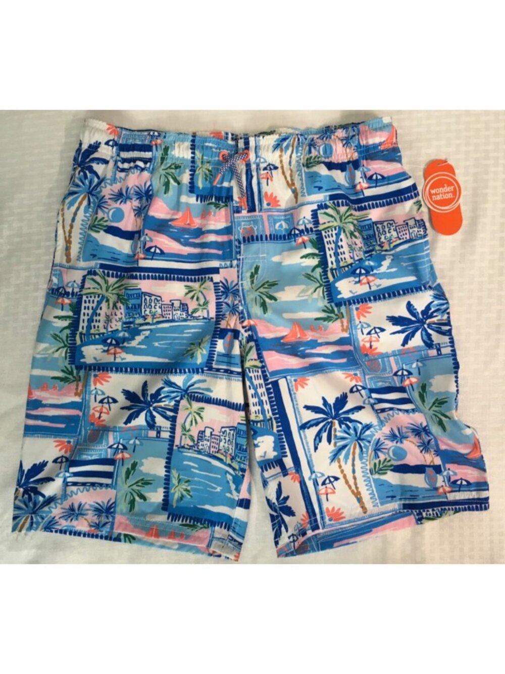 Wonder Nation Swim Trunks Boys Size XXL 18 Blue White Pink Tropical Pockets New
